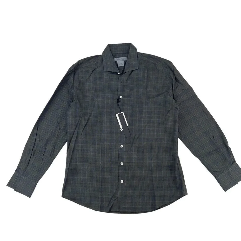 New Dylan Gray Men US L Dress Shirt Button Down Long Sleeve Gray Olive Plaid - Picture 11 of 12